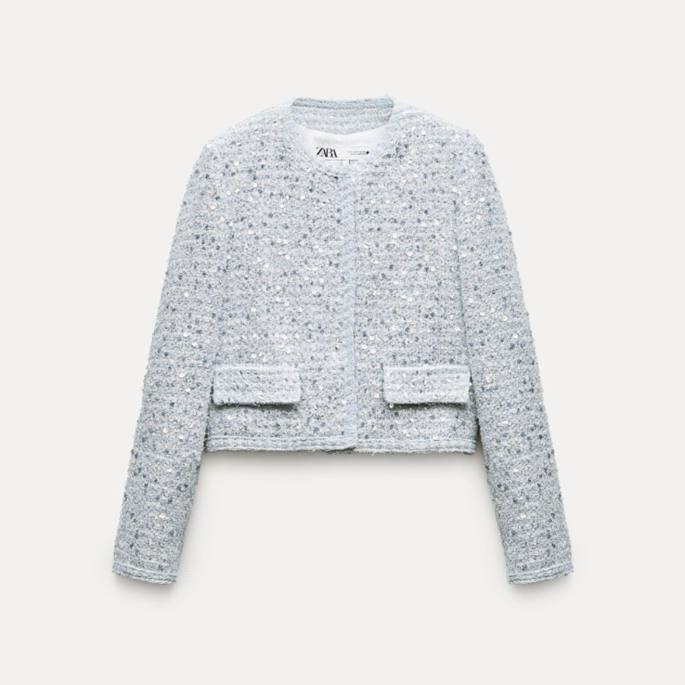 Zara textured tweed sequin blazer jacket blue sliver - Picture 3 of 12